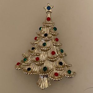 VINTAGE GOLD TONE CHRISTMAS TREE WITH ENAMEL BALLS